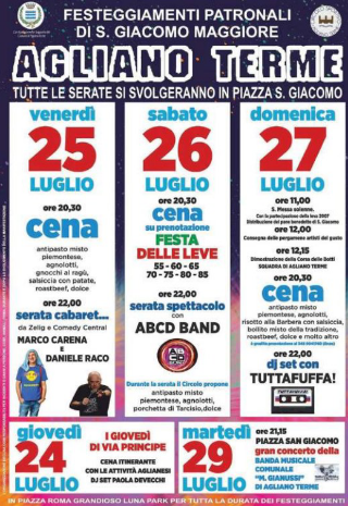 Agliano Terme in festa per San Giacomo Maggiore: cinque giorni tra musica, tradizione e divertimento