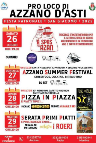 Azzano d’Asti in festa per San Giacomo: quattro giorni di musica, enogastronomia e tradizione